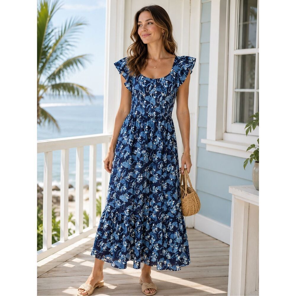 NWT Mulberry &  King Floral Midi Dress Size M/L Smocked Blue